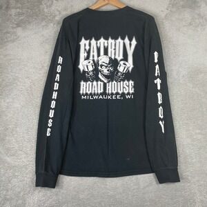 Fatboy Roadhouse Shirt Mens Large Black Skull Piston Biker Y2K Milwaukee Grunge